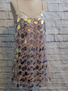 NWT Angel Biba Pink Iridescent Sequin Disco Slip Dress - Size Small